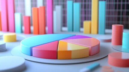 3D pie chart in a business presentation setting, with various segments representing financial data, and a professional backdrop