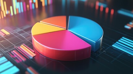 Fototapeta premium 3D pie chart illustrating financial data with colorful segments, set against a sleek, modern background, emphasizing data distribution
