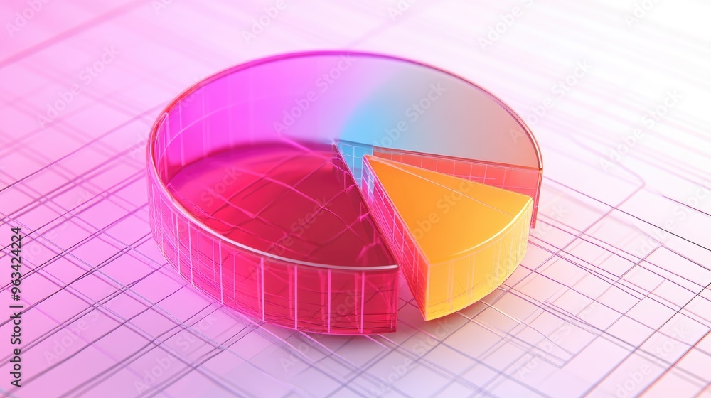 Poster 3d pie chart with transparent segments and a grid overlay, visualizing financial data with an emphas