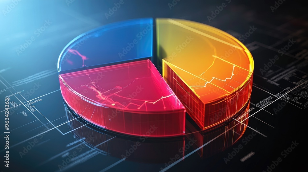 Poster 3d pie chart with transparent segments and a grid overlay, visualizing financial data with an emphas