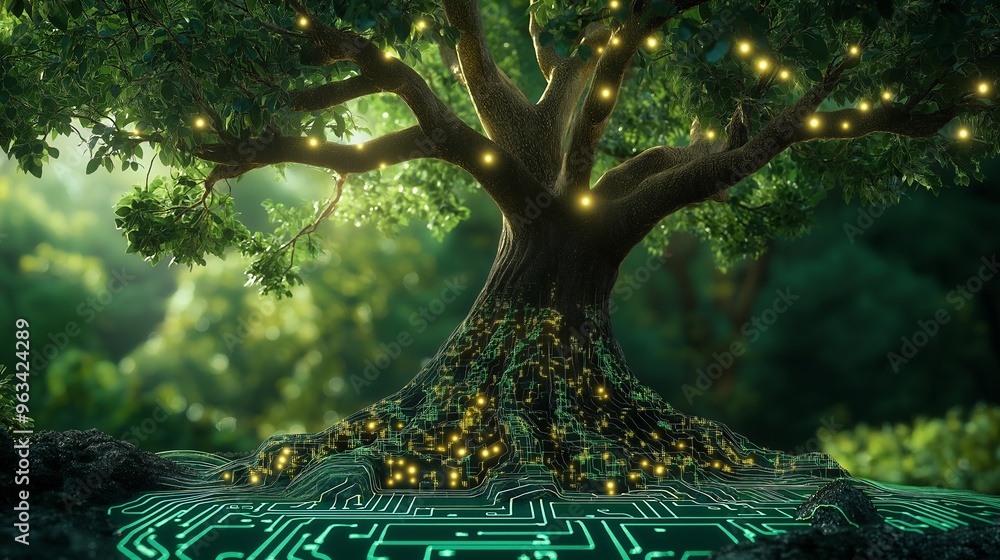 Aufkleber a large tree with glowing lights on its branches stands in a lush forest. its roots are made of a ci