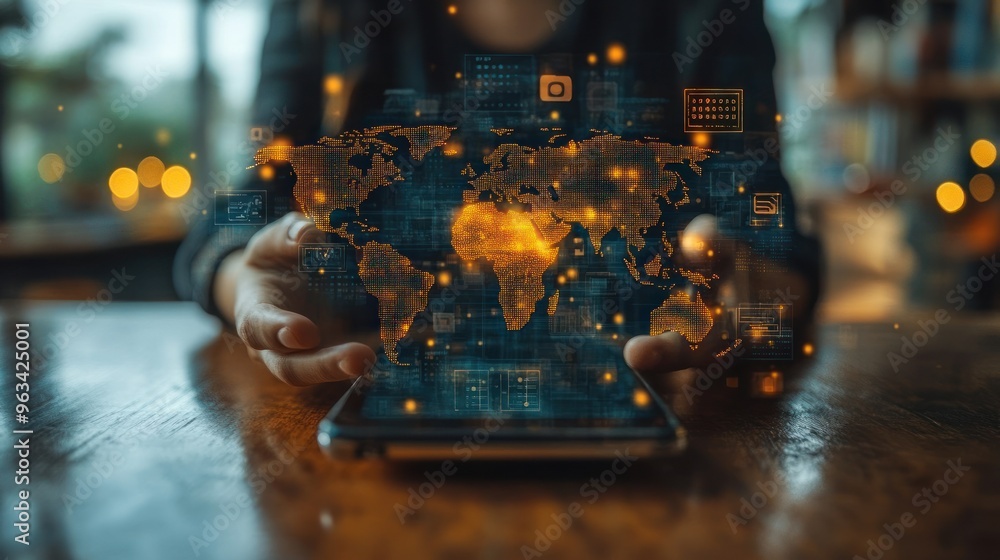 Poster a person interacting with a digital world map on a smartphone.