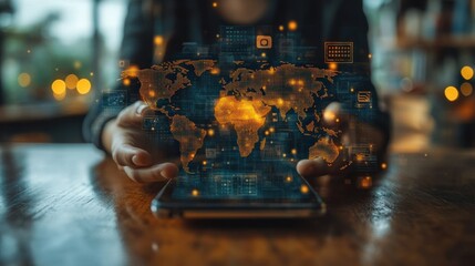 A person interacting with a digital world map on a smartphone.