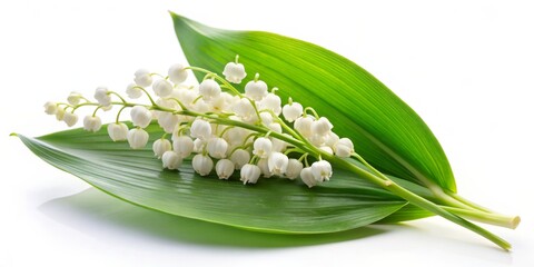 Fototapeta premium Lily of the Valley Blossom on Green Leaf, White Background, Flower, Spring, Fragrance