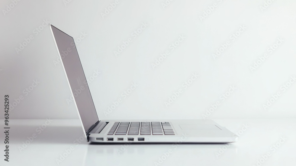 Poster a silver laptop computer resting on a white table