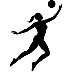 a female volleyball player mid-air, arm fully extended and ready to spike the ball