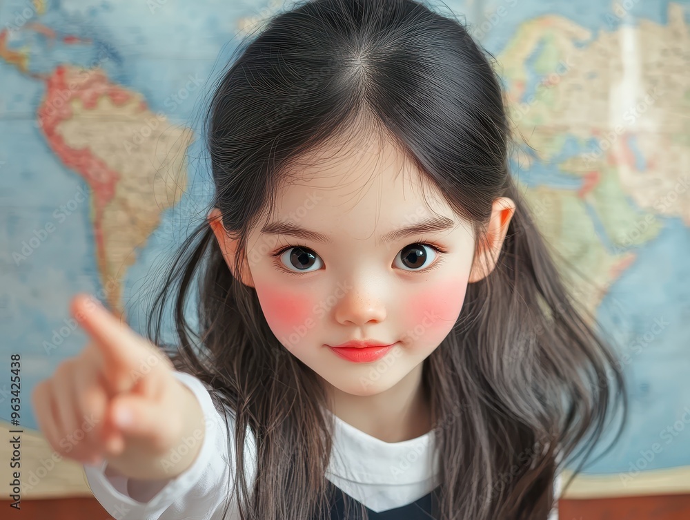 Poster bright young student exploring geography - adorable girl in school uniform pointing at a map with a 