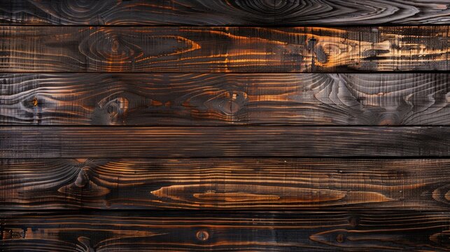 Dark stained wood boards with grain and texture Flat wood background with parallel horizontal lines 