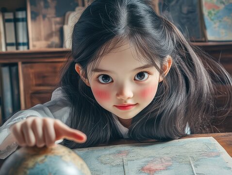 Young Student Exploring Geography: Curious girl in school uniform holds globe, points at world map with interest in geography studies.