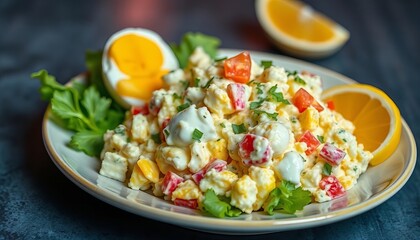 there is a plate of food with eggs, tomatoes, and lettuce.