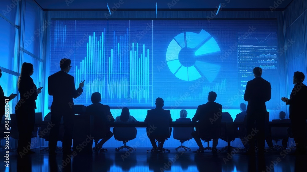 Poster a business meeting scene with professionals discussing a large projection screen displaying a detail