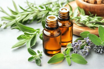 Two bottles of essential oil with fresh rosemary, lavender, and sage leaves on a white background.