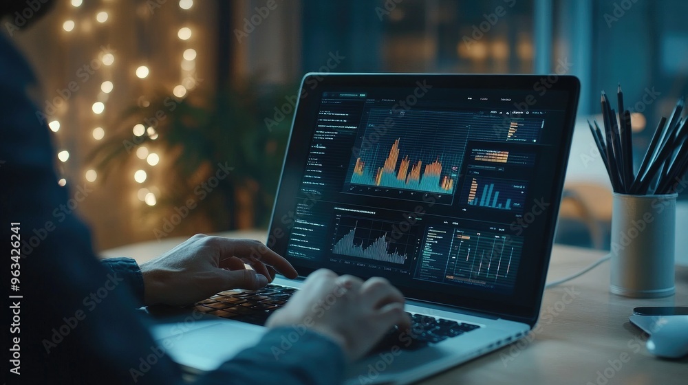 Poster a business professional analyzing a 3d graph on a laptop, with various data sets and projections vis