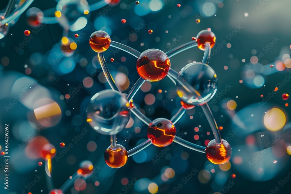 Poster 3d rendering of a molecular structure connecting atoms with bonds in space on blue background