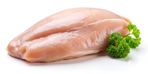 Raw Chicken Breast with Parsley, White Background, Isolated, Food Photography, Protein, Poultry, Diet