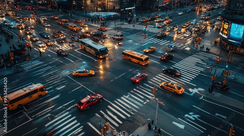 Poster a busy city intersection with multiple cars and buses navigating through traffic lights and crosswal