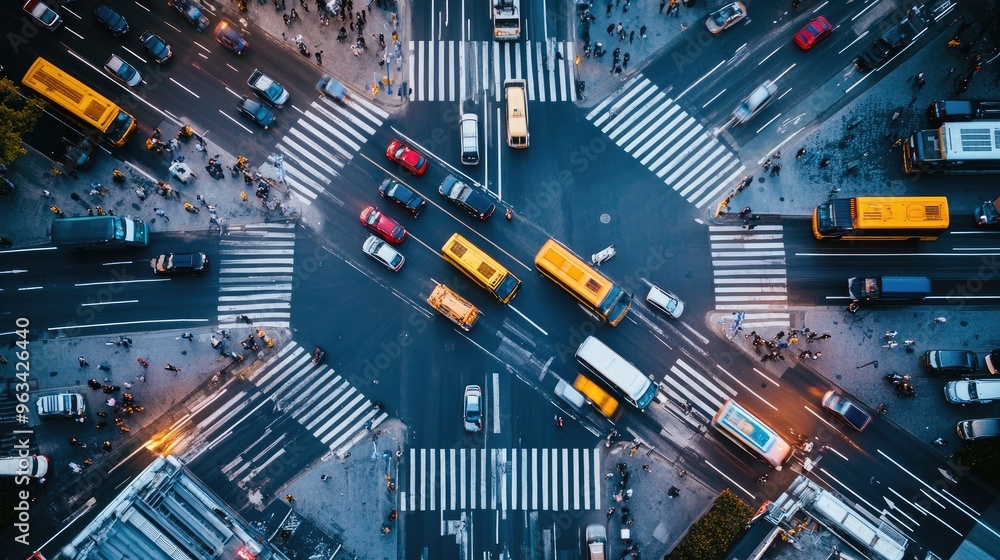 Poster a busy city intersection with multiple cars and buses navigating through traffic lights and crosswal