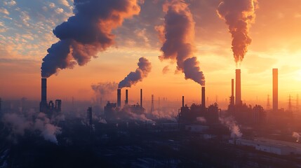 Industrial pollution billowing into the sky, showcasing the environmental cost of fossil fuels with blank sky for text placement.