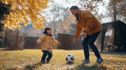 A father plays football with his son in the backyard on an autumn day.