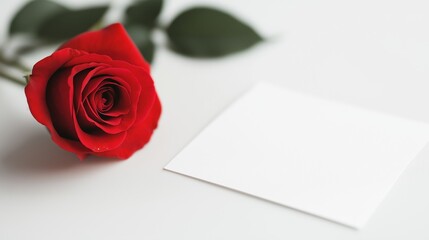 Red rose placed next to a blank note on a clean white surface for thoughtful messages or romantic gestures.