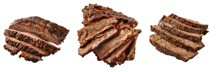 set of beef brisket with a crispy crust and tender interior, sliced and arranged neatly on a transparent background