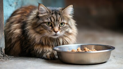 A chunky cat sitting by its food bowl, looking expectantly for more treats, with its large body taking up most of the space.