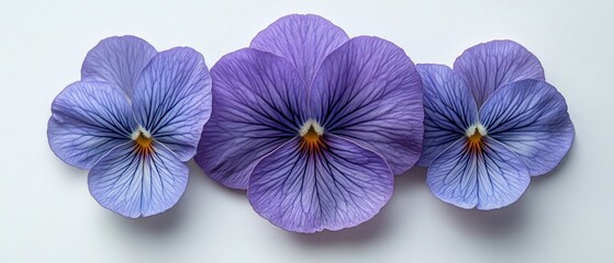 Obraz premium Three Purple Pansies with Delicate Veining on White Background