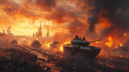 A tank drives through a fiery cityscape, with a blazing sky above.