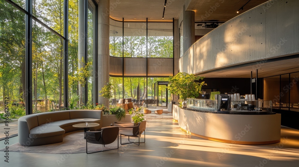 Poster modern office lobby with rounded concrete elements, double-height space, circular cafe counter, soft