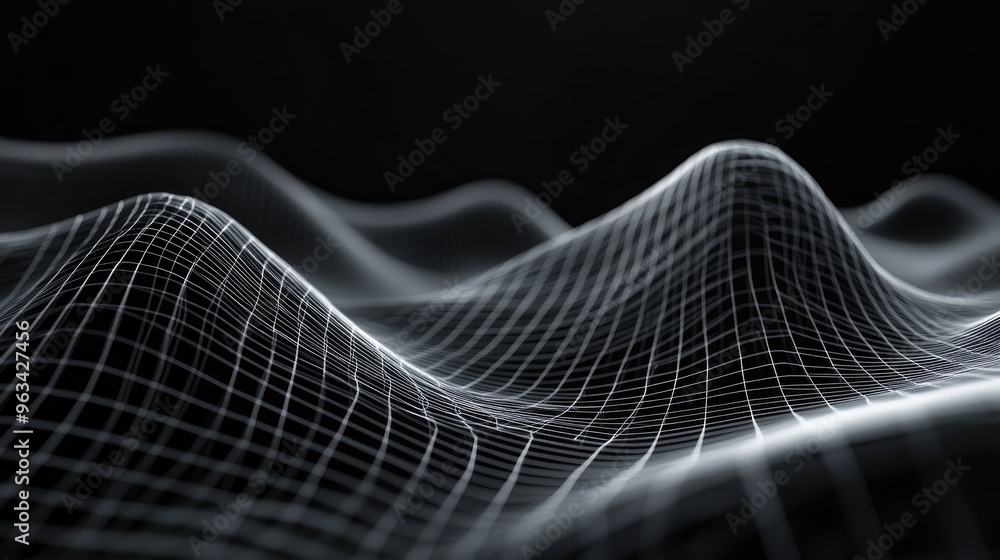 Poster a clean, futuristic 3d area graph representing growth over time, with lines flowing smoothly across 