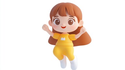 Obraz premium A cheerful cartoon girl in a yellow outfit, jumping with excitement.
