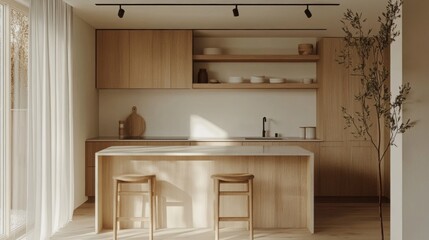 A kitchen with a wooden island and two stools