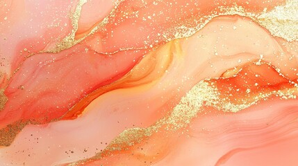Obraz premium light pastel alcohol ink pour, colors of peach glitter gold and deep orange, sparkles and glitter, wallpaper, 3d texture dramatic look water color, big shapes waves