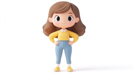 A cheerful cartoon girl stands confidently with hands on hips, dressed in casual attire.