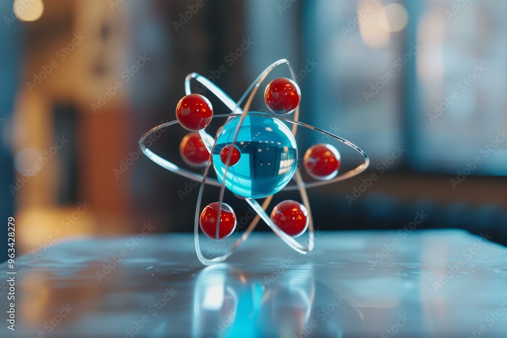 Aufkleber atom model with a blue nucleus and red electrons orbiting around it standing on a reflective surface