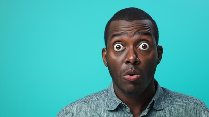 Obraz premium A man with a surprised expression on his face. The man is wearing a green shirt. The background is a blue color