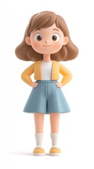 A cheerful cartoon girl with brown hair wearing a yellow cardigan and blue skirt.
