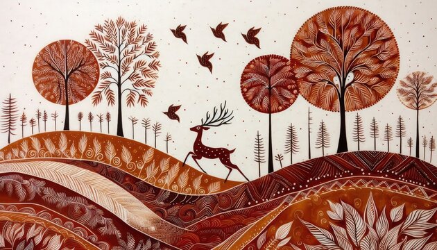 Handcrafted Gond art featuring graceful deer and vibrant trees, depicted in rich earthy tones against a stark white background