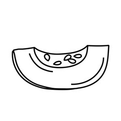 Line icon of cartoon pumpkin slices isolated on white background.
