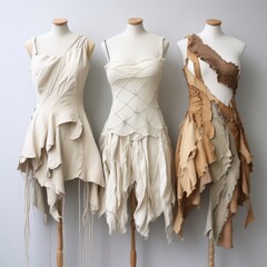 Three Mannequins Displaying Unique Fashion Designs.