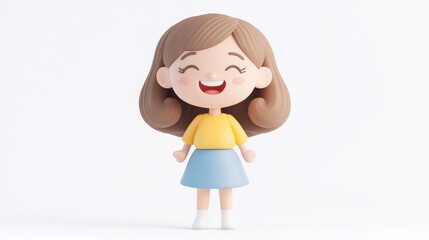 Obraz premium A cheerful cartoon girl with brown hair, wearing a yellow top and blue skirt, smiling happily.