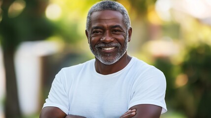 physically attractive 75 years old African American male. A man with a white shirt and gray hair is sitting in front of a bush. He is smiling and looking at the camera