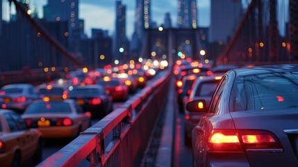 Obraz premium A close-up of a traffic jam on a bridge with vehicles stopped and a skyline in the background, illustrating congestion in a metropolitan area.