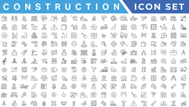 construction simple line isolated icon collection. Editable Stroke. Repair, Renovation, Work Tools, Materials