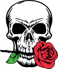 Flat isolated skull with rose. Halloween skull illustration vector.