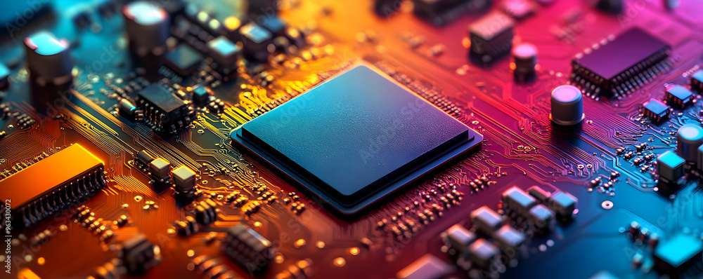 Poster 3d illustration of colorful circuit board technology with cpu processor