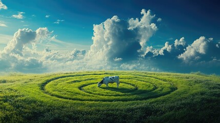 Naklejka premium A cow calmly grazing in a crop circle, the vibrant green grass contrasting with the deep blue sky and billowing white clouds