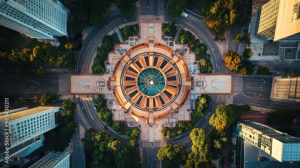 Poster aerial view of a circular building surrounded by a traffic circle and trees
