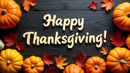 'Happy Thanksgiving' greeting text with colorful pumpkins, squash and leaves over dark wooden background