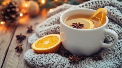 A mug of tea with a slice of orange and a few sprigs of cinnamon on top